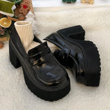 Gothic Chunky High Heels Pumps for Women Spring Patent Leather Platform Loafers Woman Black Thick Heeled Jk Lolita Shoes