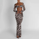 Women's 2 Piece Skirt Outfits Long Sleeve Zebra Print Tie Up Tops Long Bodycon Skirt Set Party Club Clothes Sets