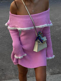 Knit Off-Shoulder Sweater Mini Dress Women's Lace Patchwork Ribbed Slim Backless Elegant Party Dress Knitwear Mini Dress