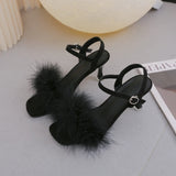 Feather Sandals Women Furry High Heels Ankle Plush Sandals Woman Transparent Heels With Fur Stripper Heeled Sandal Women