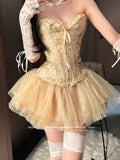 Medieval Retro Princess 2-piece Set Women Tube Top Mini Skirt Lace Frill Textured Boned Corset Elastic Waist Tutu Gown