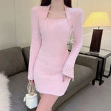 Fashion Korean Mini Dresses Female Autumn Winter Sexy Bodycon  Wrap White Short Women's Sweater Knitted One-piece Dress Hit