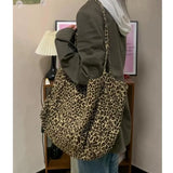 Vintage Leopard Print Tote Bag Handbag Women Retro Large Capacity Casual Shoulder Bags Female Harajuku Canvas Y2k Bags