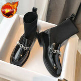 Footwear Women's Ankle Boots Black Elegant with Low Heels Sock Short Shoes for Woman Booties Leather Elastic High Quality Goth