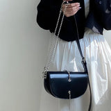 Beaded Chain Women Saddle Shoulder Bag PU Leather Ladies Clutch Purse Handbags Underarm Bag Luxury Design Female Messenger Bags