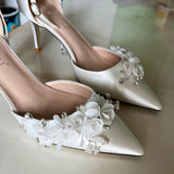 Bride Sandals White Satin Flowers 7cm Thin High Heels Customize Flats 3cm 5cm 9cm Heels Pointed Wedding Party Dress Women Shoes