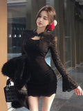 Sexy Black Womens Dresses Elegant Lace Patchwork Flare Long Sleeves Half Open Collar Bodycon Party Mini Dress Short Vestidos