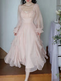 Summer Pink Chiffon Vintage Fairy Dress Women Korean Style Elegant Party Midi Dress Female Court Retro Flare Sleeve Dresses