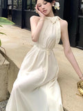 Elegant Dresses for Women Solid New Summer Holiday Style Halter Sleeveless A-line French Evening Dress Party Prom Robe Vestido