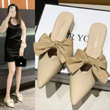 Summer Mules Shoes With Heel Women's Slippers And Ladies Sandals Bow Slides Pointed Toe Chic Point Hot Low Price Waterproof