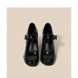 Mary Jane Shoes Women Retro British Style Hepburn Black High Heel One Word Buckle Thick Heel Square Head Single Shoes Women