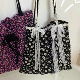 Girls Fairy Sweet Flower Print Women's Handbags Simple Ins Patchwork Lace Underarm Bag Fashion Y2k Aesthetic Shoulder Handbags