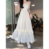 Vintage Ruffle Dress Women Korean Solid Sweet Elegant Preppy Midi Dress Summer Casual Sleeveless Spaghetti Straps A Line Dress