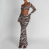 Women's 2 Piece Skirt Outfits Long Sleeve Zebra Print Tie Up Tops Long Bodycon Skirt Set Party Club Clothes Sets