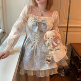 Lolita Princess Dress Women Party Y2k Bandage Blue Cosplay Costumes Japanese Puff Sleeve Ribbon Square Neck Bowknot Mini Dress