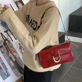 Fashion Metal Buckle Ladies Shoulder Messenger Bag Vintage Red Underarm Bags for Women Patent Leather Female Handbag Small Purse