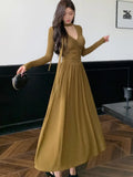 Elegant Solid Pleated Knitted Dress for Women Autumn V-Neck Long Sleeve Slim Party A-Line Chic Vestidos Female Evening Dresses