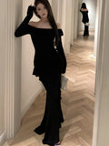 Elegant Black Maxi Dress Women Off Shoulder Long Sleeve High Split Waist Slimming Autumn Evening Party Sexy Vestidos Robe Mujer