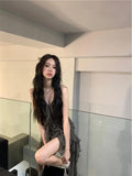 Japanese Sexy Dark Sleeveless V-neck Women Dresses Cascading Ruffles Asymmetrical Femme Robe Harajuku Summer Camisole Dress