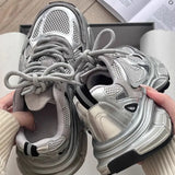 Women's Spring and Summer New Distressed Silver Versatile Breathable Casual Sneaker Dad Shoes