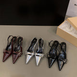 Ladies Shoes Silver Closed Half Dress Pointed Toe with Low Heels Women's Sandals Comfortable and Elegant Shoe Original Casual H