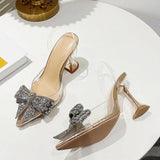 Fashion Crystal Sequined Bowknot Women Pumps Sexy Pointed Toe High Heels Wedding Prom Shoes Ladies PVC Transparent Sandals