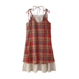 Sweet Girl Forest Style Retro Embroidery Lace Spliced Fake Two-piece Suspender Dresses Women's Backless Plaid Mid-length Dress