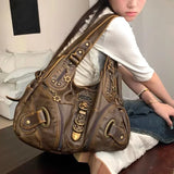 Y2k Vintage Womens Shoulder Bag Large Capacity Casual Pu Leather Tote Bag American Retro Luxury Designer Ladies Armpit Bag