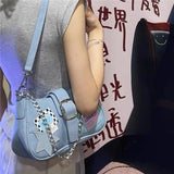 Light Blue Star Women's Denim Shoulder Bag Y2k Hot Girls Chain Underarm Bags Crossbody Bag Retro Design Female Purse Handbags