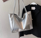 Women's Big Silver Shoulder Side Bag Ladies Handbags PU Leather Soft Large Capacity Female Tote Bag