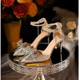 Summer Fashion Pointed Toe Sandals Women's Rhinestone Pearl Butterfly Gold Silver High Heels Party Wedding Plus Size Shoes