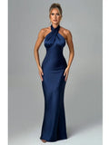 Elegant Backless Lace Up Maxi Dress For Women Satin Slim Fit Female Vesidos Elegant Party Club Evening Dress Spring