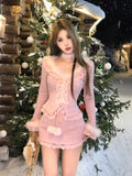 Autumn Winter Lace-up Knitted Skirt Suits Long Sleeve Fur Collar Slim Waist Birthday Party Womens Two Pieces Set Female Clothing