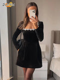 Women's Elegant Patchwork A-line Dress Fashion Square Neck Long Sleeve Party Dress New Lady Luxury Evening Mini Dress