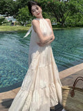 Summer French Temperament White Bohemian Seaside Resort Style Sexy Loose Hanging Neck Character Sleeveless Mid-length Dress