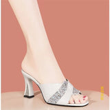 Women's Slippers and Ladies Sandals Crystals Shoes Heeled Green Rhenstone Job Round Toe Fish Jewels Slides Korea Style Casual 39