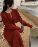 Elegant Red Knitting Dress Women Korean Fashion Office Lady Two Piece Dress Female Winter Warm Casual Christmas Party Dress