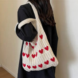 Knitted Single Shoulder Bags Fashionable Solid Color with Heart Shaped Women's ToteBags High Capacity Portable Shopping Bag