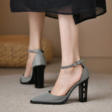 Women's Pumps Vintage Pointed Toe Chunky Heel Strange Style Lattice Hollow High Heels Party Leather Shoes Plus Size 43