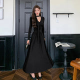 Elegant Solid Pleated Knitted Dress for Women Autumn V-Neck Long Sleeve Slim Party A-Line Chic Vestidos Female Evening Dresses