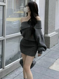 Y2K Autumn Solid Knitted Dresses for Women Off Shoulder Slash Neck Casual Vestidos Mujer Korean Femme Chic Fashion Mini Dress