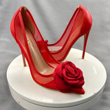 Red Flowers Lace Female Shoes 10Cm Pointy Toe Stiletto High Heel  Ladies Dress Women Pumps Plus Size 33-45