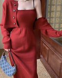 Elegant Red Knitting Dress Women Korean Fashion Office Lady Two Piece Dress Female Winter Warm Casual Christmas Party Dress