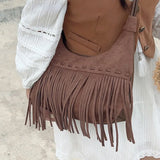 Vintage Brown Womens Shoulder Bag Tassel Y2k Fashion Bohemian Style Crossbody Bag Designer Solid Color New Female Handbag
