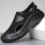 Men Mesh Sandals Summer New Fashion Slide Slippers Outdoor Genuine Leather Non-slip Shoes Beach Slip-On Sandals Travel Slippers