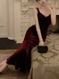 Elegant Solid Velvet Dress Women Spaghetti Strap Slim Mermaid Wrap Hip Autumn Vintage Female Evening Party Wedding Vestidos New