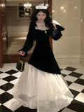 Autumn Winter Sequins Womens Dresses Velvet Mesh Patchwork Square Collar Flare Sleeves Birthday Party Dress A-Line Vestidos Robe