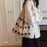 Heart Knit Women's Bag Knitted Eco Bag Korean Fashion Shopping Y2K Crochet Rope Shoulder Bag Female Knitting Handbag Tote Bags