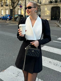 Contrast Color Lapel Suit Dress Elegant Office Woman Outfits Pleatd Splice High Waist Mini Dress Double Breasted Fashion