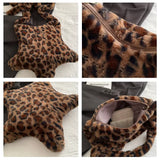 Winter Furry Star Large Capacity Girls Shoulder Bag Vintage Tote Handbags Female Purse Leopard Plush Crossbody Bags for Women